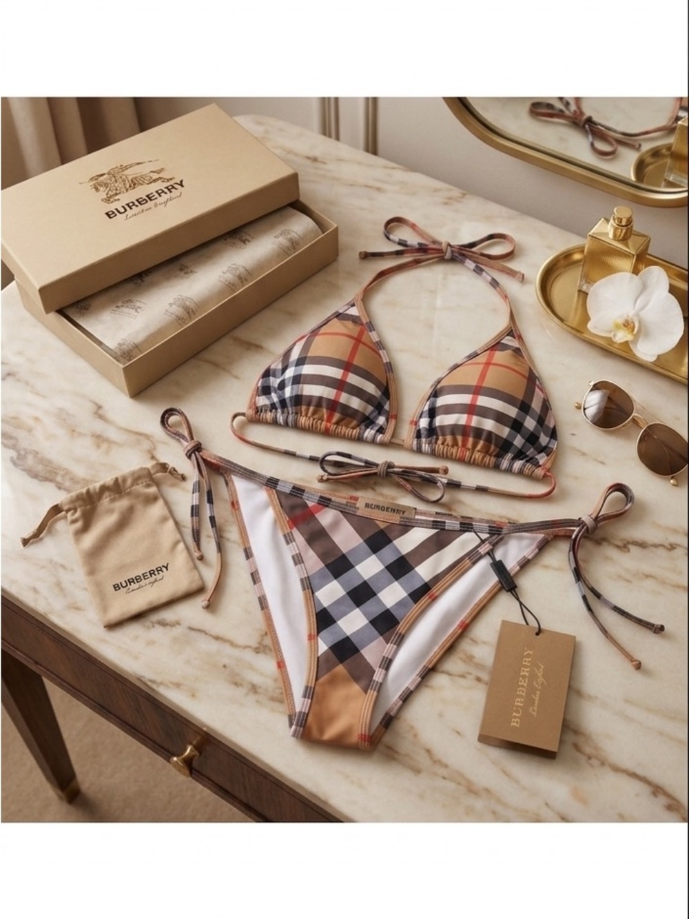 Burberry Check Tie-Side Triangle Bikini in Beige, Black & Red
